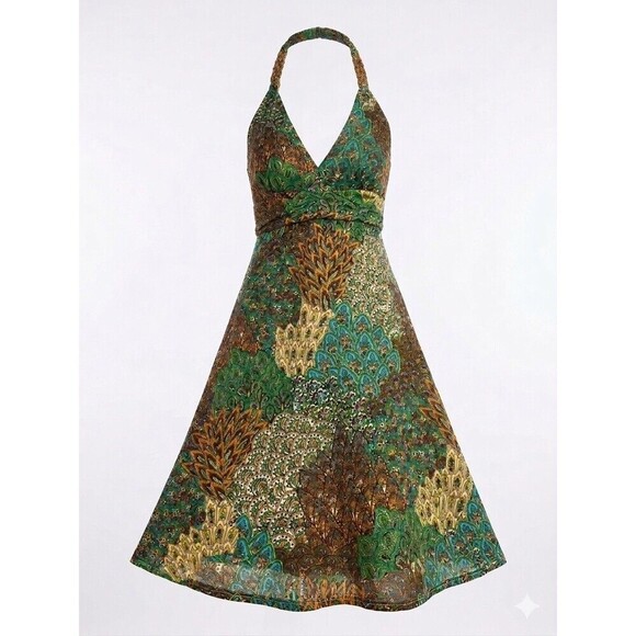 Cristina Love Dresses & Skirts - Cristinalove Peacock Paisley Halter Mini Dress Green Brown Boho Small